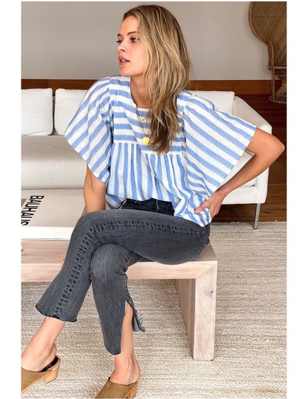 Emerson Fry India Collection Basalie Top Blouse Scallop Blue Stripe Small $118 - Picture 3 of 12